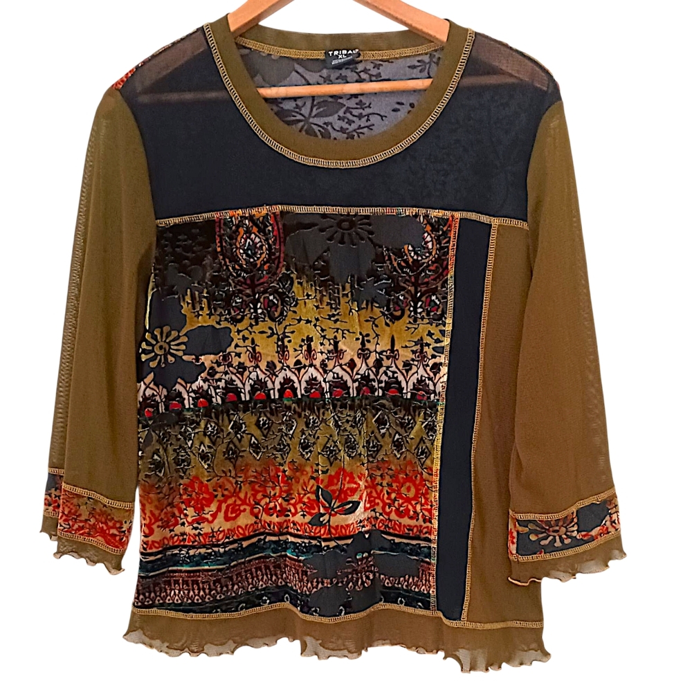 Y2K Tribal Abstract Mixed Print Top XL Velvet Mesh Bohemian Wearable Art Grunge